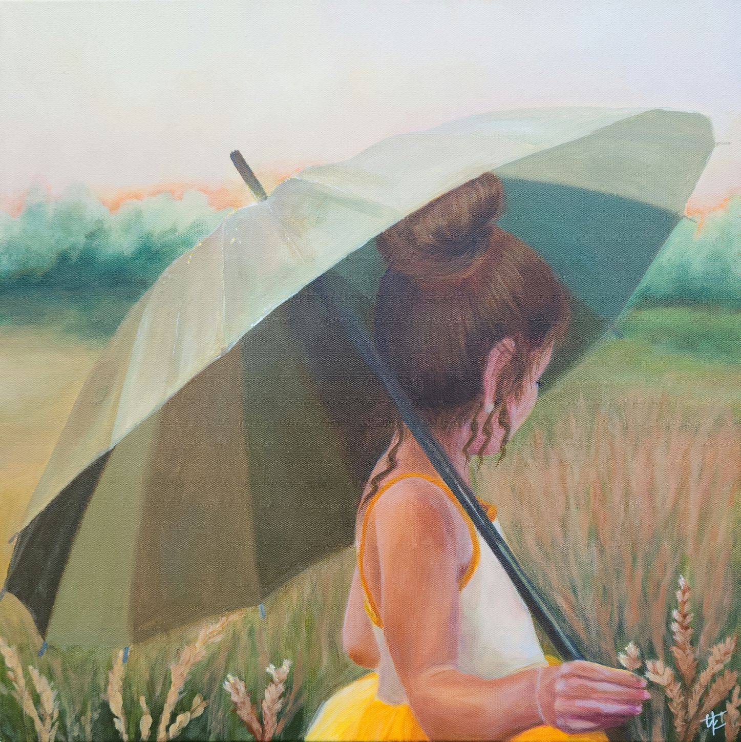 Acrylic painting of a girl holding an umbrella